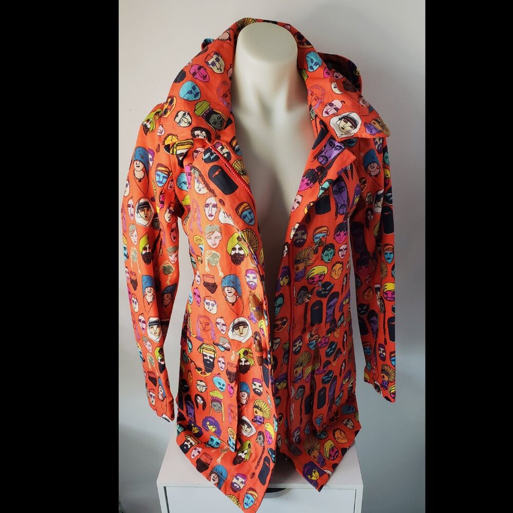 Boom Shankar Long Jacket w/ Multicolour Faces Pattern Bright Orange MULTI